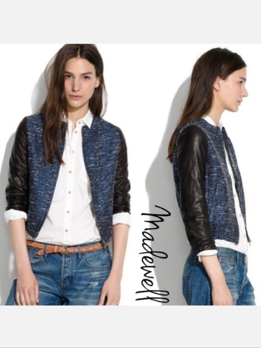 Madewell Shimmerweave Blue Tweed & Black Leather Sleeve Moto Bomber Jacket XS